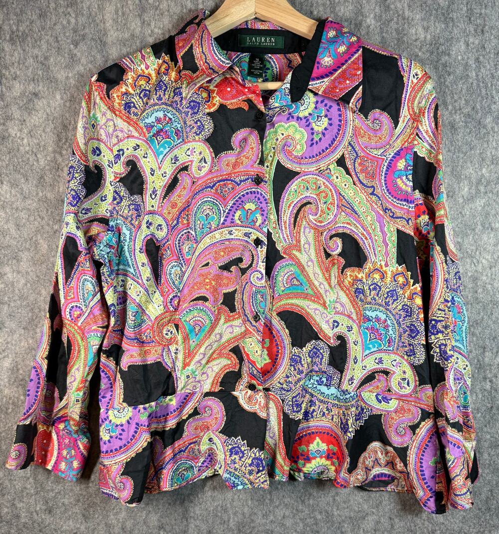 Lauren Ralph Lauren Womens Multicolor Paisley Size 16 Button Down Top Flowy
